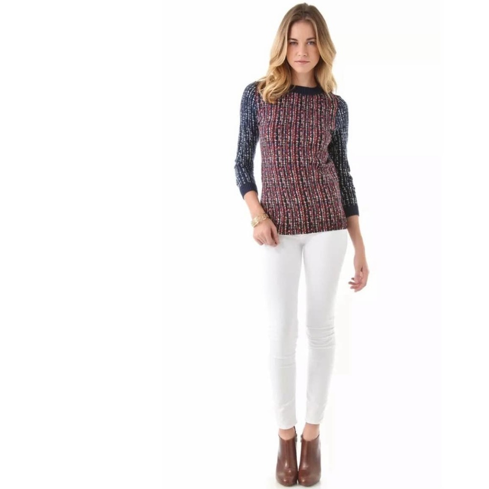 Tory Burch Hutton Wool Pullover Crewneck sweater, blue and red. Size Small.